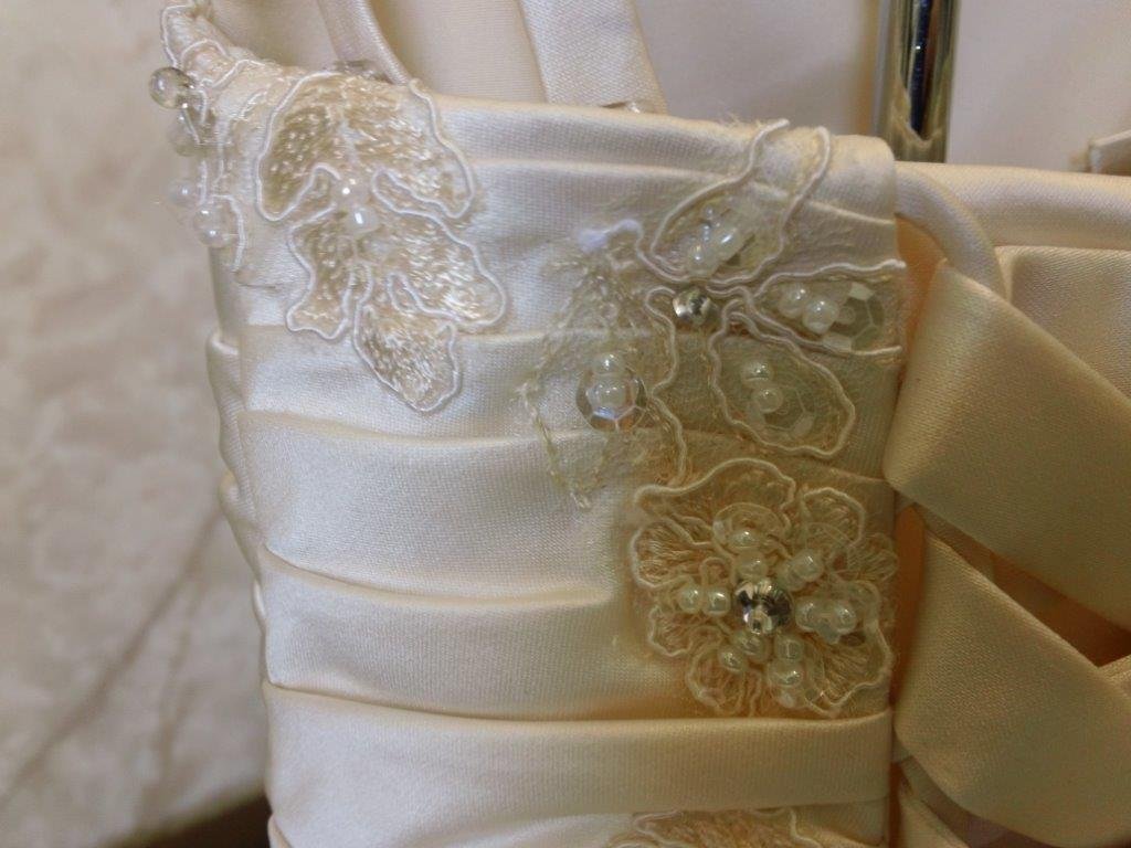 applique infant wedding gown with corset lace up back